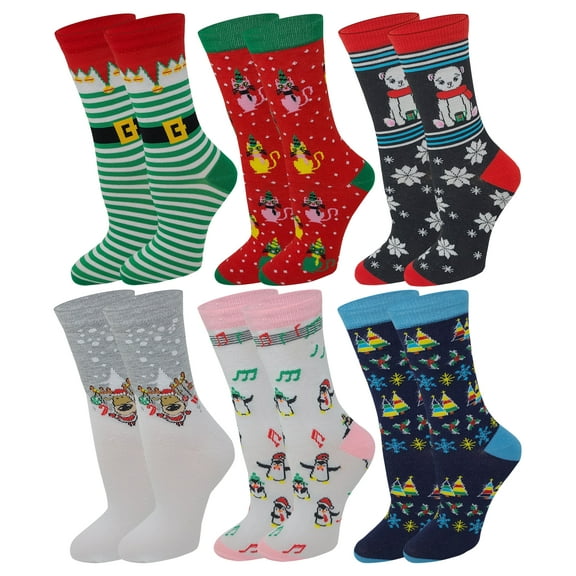 Sumona 6 Pairs Women Christmas Holidays Fancy Design Novelty Crew Socks