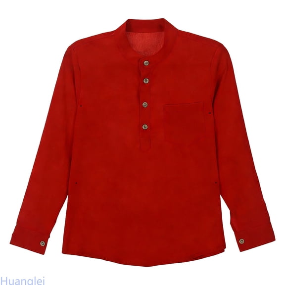 Huanglei Boys Linen Shirt Button Up Long Sleeve Dress Shirts Lightweight Tees Tops With One Pocket Soft Cotton Tees ,5-6 Years ,Red
