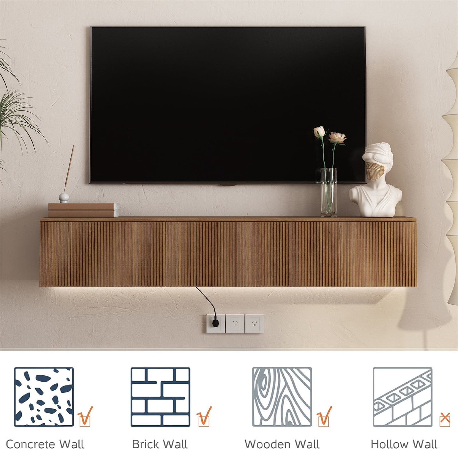 Hommoo 65" Modern Wall Mounted Floating TV Stand with 16 Color LEDs,Floating TV Cabinet Entertainment Center for 55"-65", Walnut