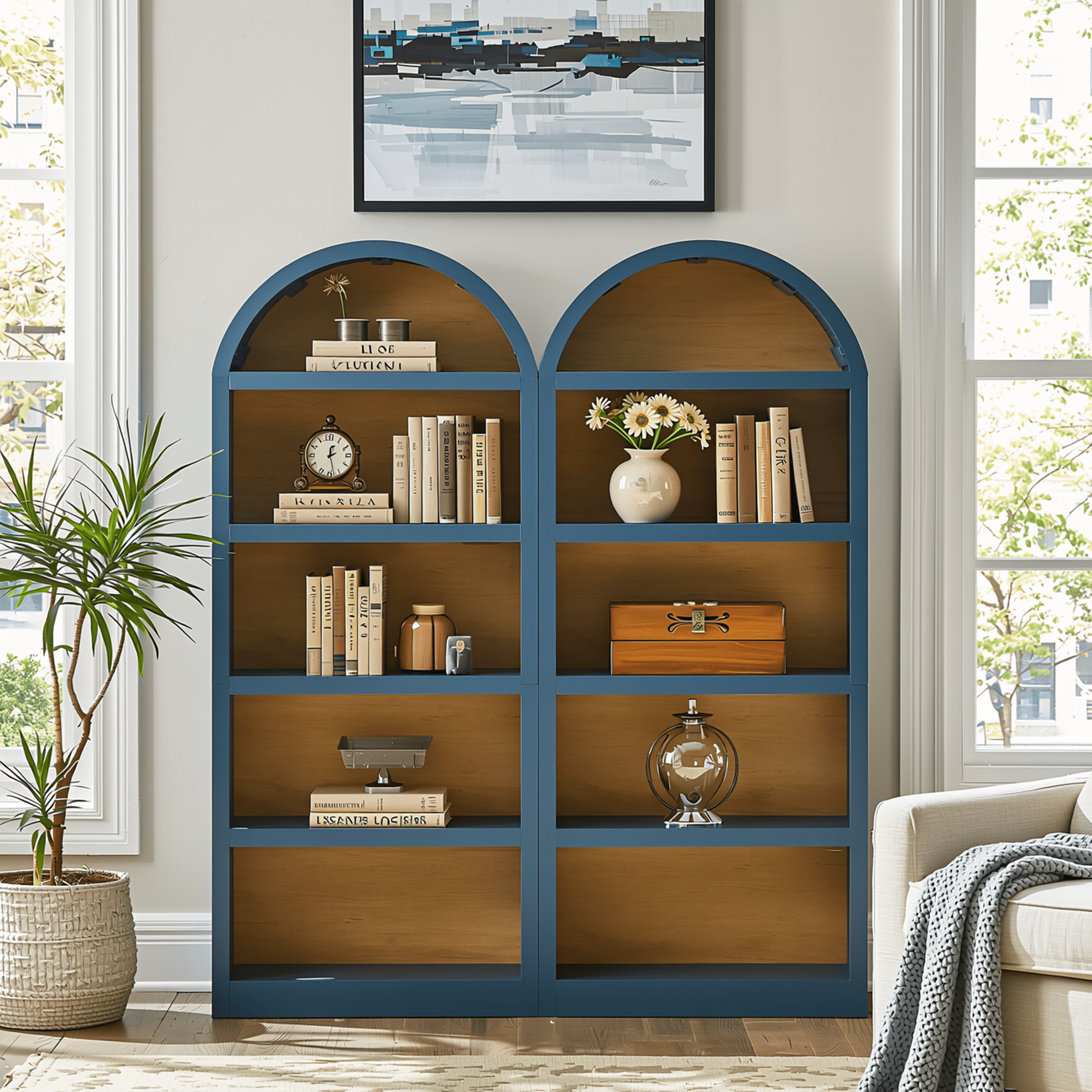Homy Casa 69" Arched Bookcase Set of 2, Two-Tone 4-Shelf Open Bookshelves for Living Room, Navy Blue