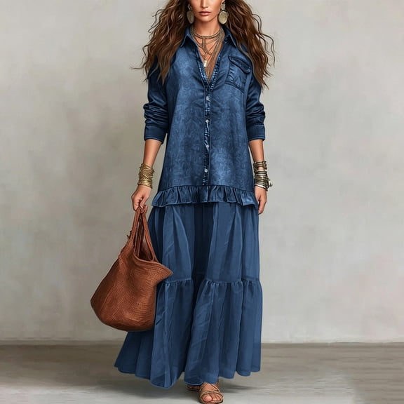 Guieoi Plus Size Womens Dresses Denim-Print Collared Long-Sleeve Top Maxi Dress Blue L