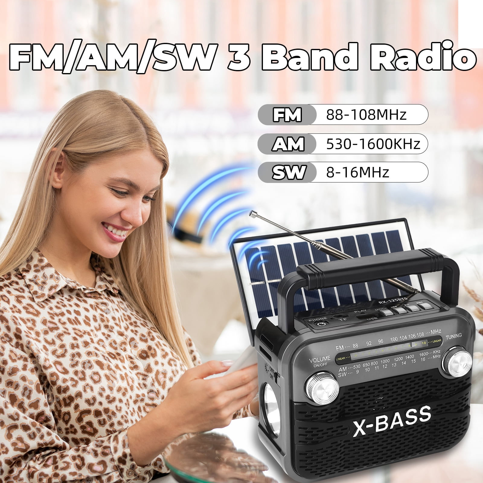 Portable AM/FM/SW Radio,Transistor Radio,Retro Bluetooth Speaker with USB/TF Player,Solar Battery Operated/USB Charge,Digital Tuner & Earphone Jack,Emergency Flashligh,Perfect for Gifts/Elderly/Home