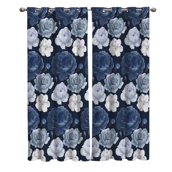 Flowers Blue Blooming Park Dark Blue Window Curtains Scenic Curtains for Living Room Decorative Items Living Room