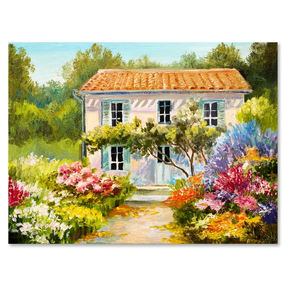 The Mountain With Flowers With Little House II 12 in x 8 in Painting Canvas Art Print, by Designart