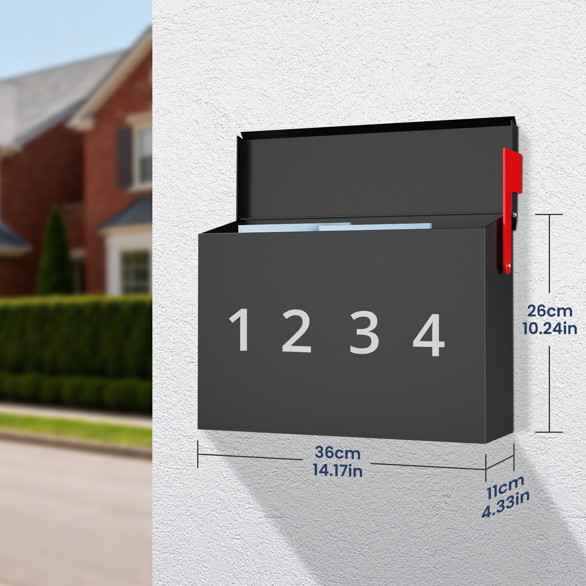 Modern Mailboxes for Outside, Metal Wall Mount Mailbox, with One Flag Kit and 4 Sets of Mailbox Number Stickers