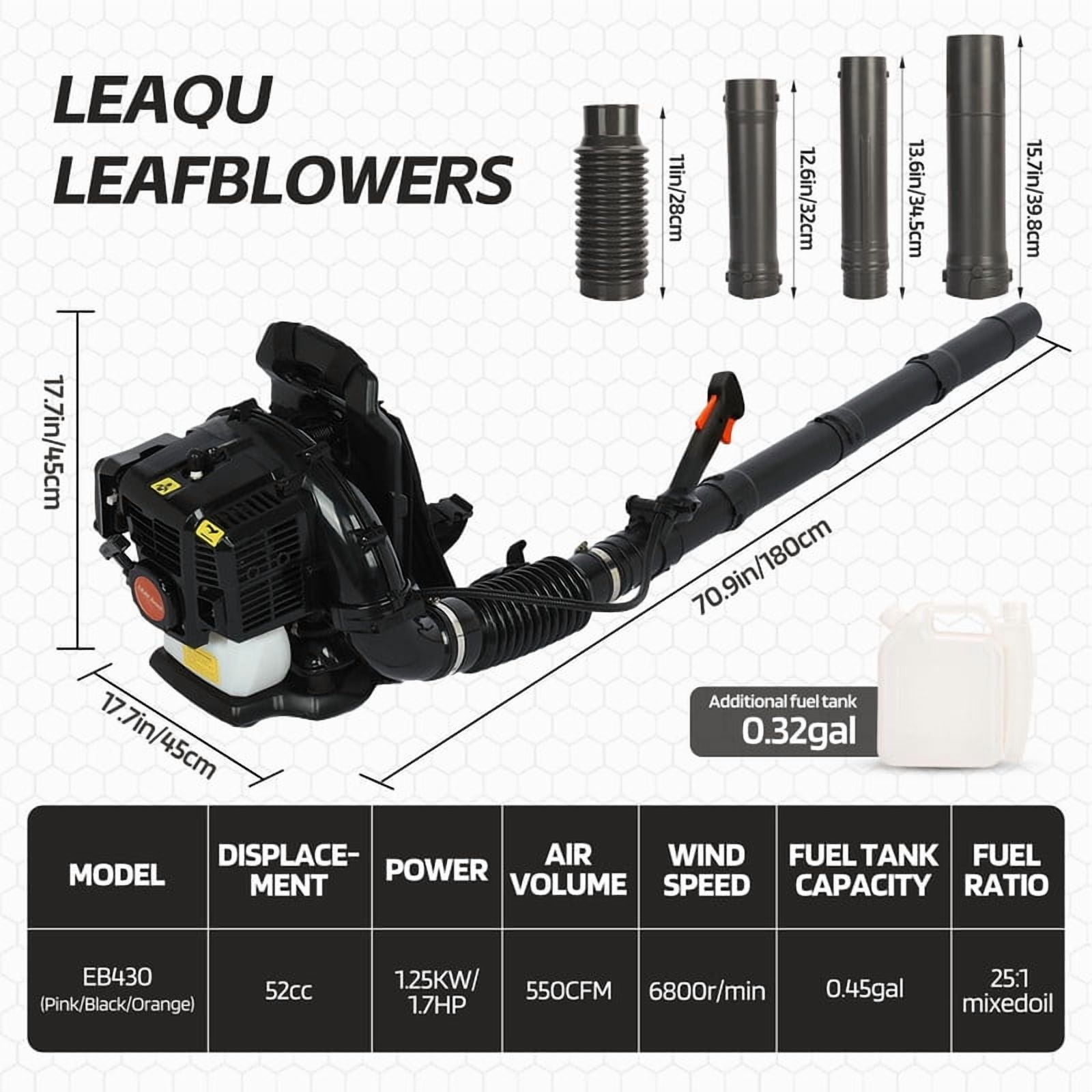 Gas Leaf Blower, 52CC 1.7HP 2-Cycle Backpack Leaf Blower, 550CFM , 200MPH , Powerful Clearing Performance and Ergonomic Harness System