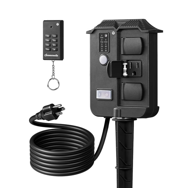 DEWENWILS Outdoor Power Stake Timer Waterproof, 100FT Wireless Remote Control, 6 Grounded Outlets, 6FT Extension Cord, Photocell Dusk to Da