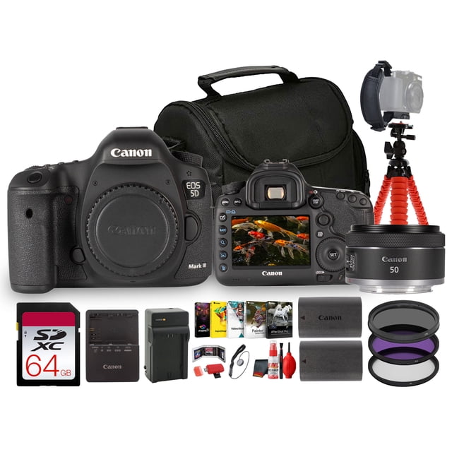 Canon EOS 5D Mark III DSLR Camera Body (5260B002) with Canon 50mm Lens, 22.3MP Full-Frame, 61-Point AF + 64GB Memory Card & Photo Software Bundle (International Model)