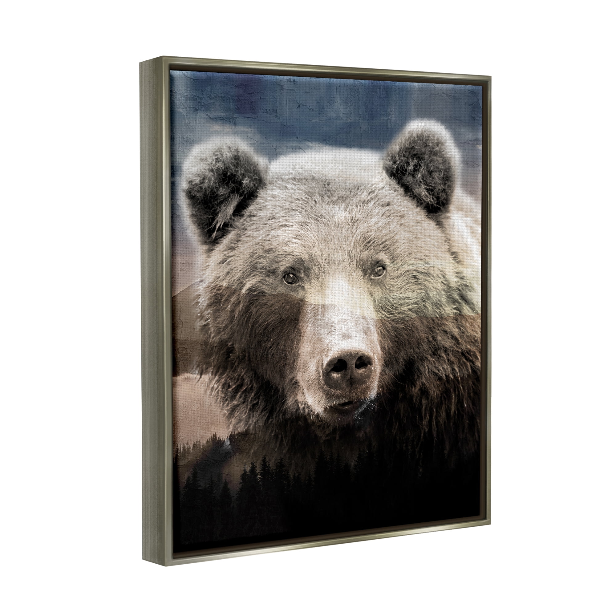 Stupell Industries Grizzly Bear Face Portrait Animals & Insects Painting Gray Floater Framed Canvas Art Print Wall Art, 17 x 21