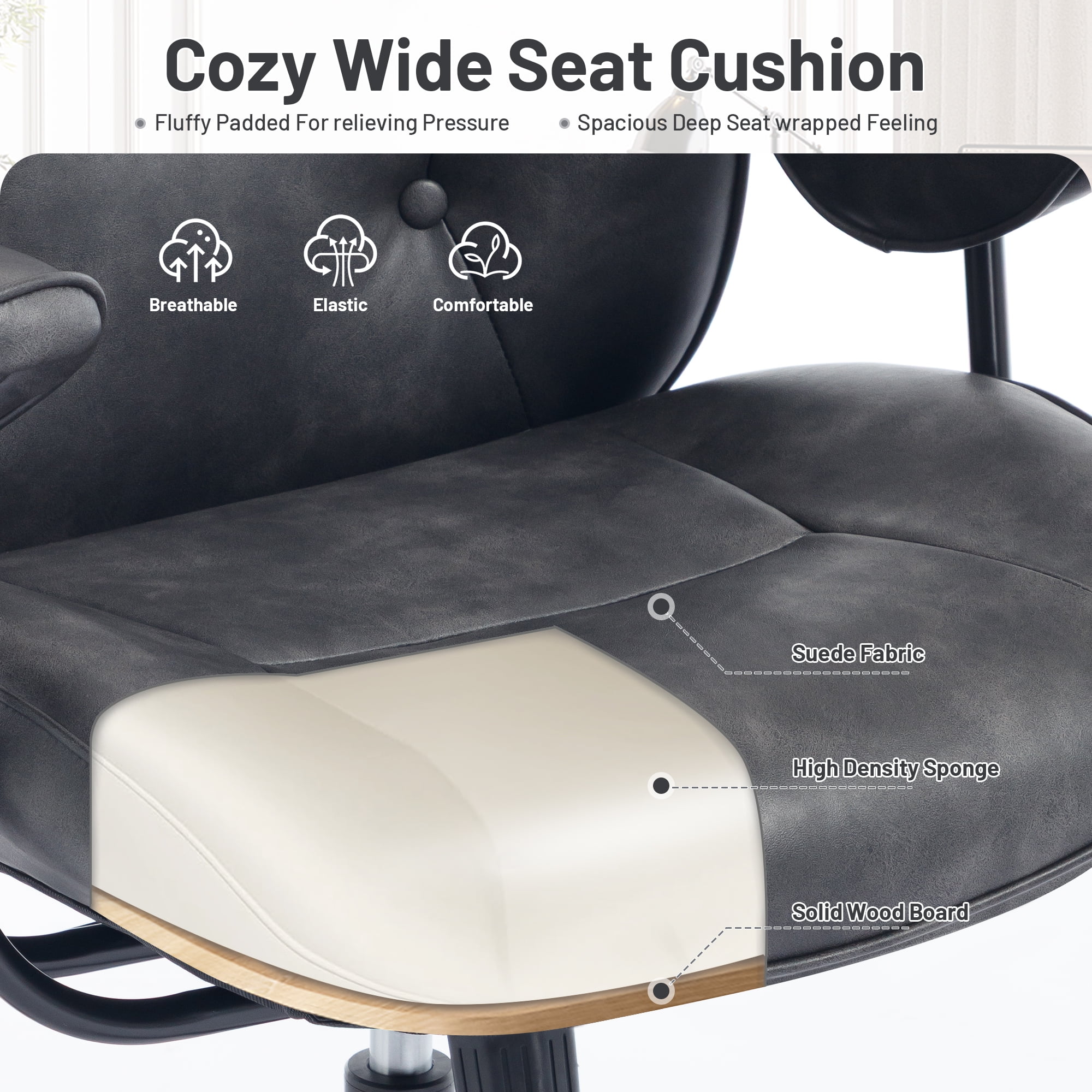 Mid Century Modern Office Desk Chair with Wheels and Arms, Mid Back Ergonomic Office Chair with Lumbar Support, Swivel Leather Computer Desk Chair for All Day Comfort