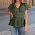thumbnail image 4 of Womens T Shirts Summer Tops 2025 Solid Color Short Sleeve V-Neck Elastic Waist Pleated Tees Tshirts Shirts for Women, 4 of 6