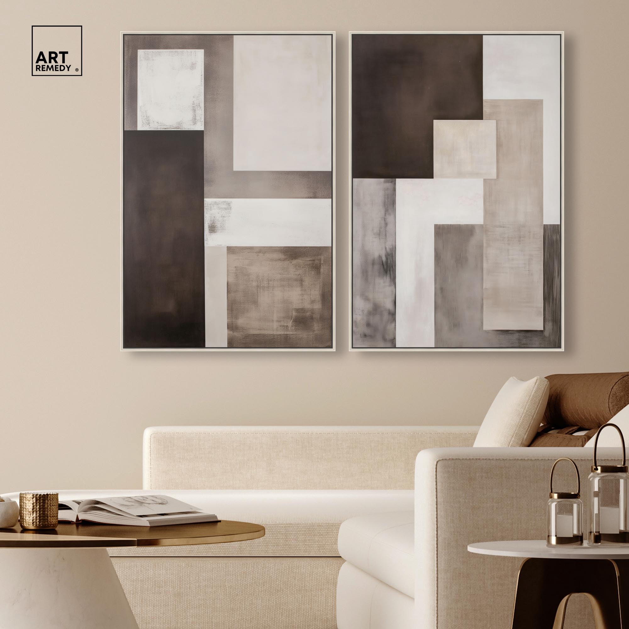 Quiet Geometries Set Canvas Print Brown Wall Art Set by Art Remedy, Silver Frame, 24 x 36