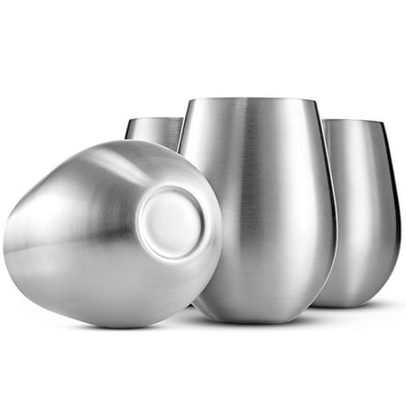 Large Red Wine Balloon Glasses ShopoKus Stainless Steel Wine Tumbler- Set of 4 Large & Elegant 18 Oz. Premium Grade 18/8 Stainless Steel Red & White Stemless Wine Glasses ()