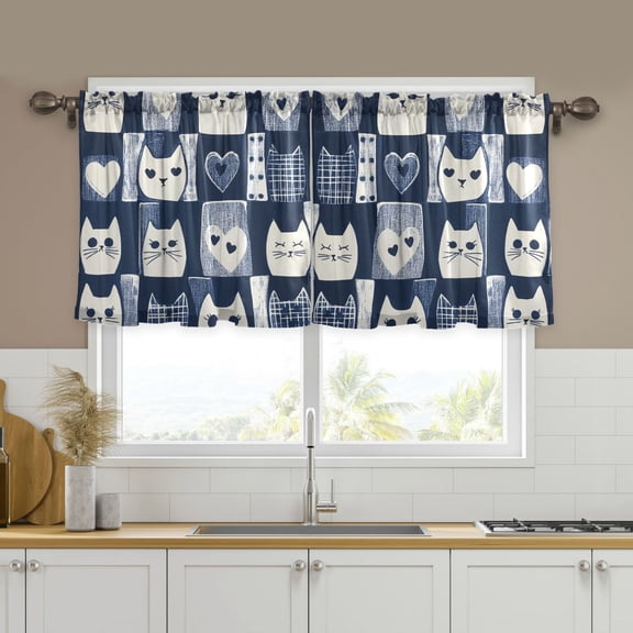 Yayeee Kitchen Curtains Tier Set of 2 Light Filtering 57"x24" Over Sink Window Panels, Blue Cats and Hearts