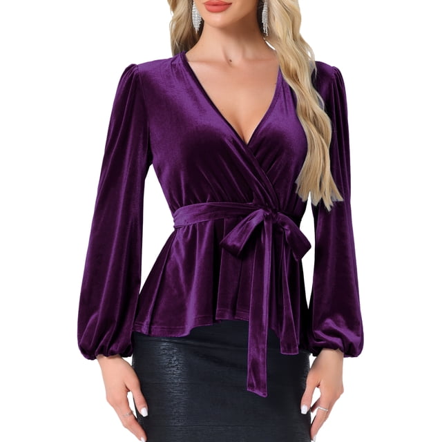 BLUSA DE VELVET CHIC INSPIRADA para Mujeres con Cuello en V, Manga Larga, Cintura con Corbata y Hemo Peplum M Púrpura