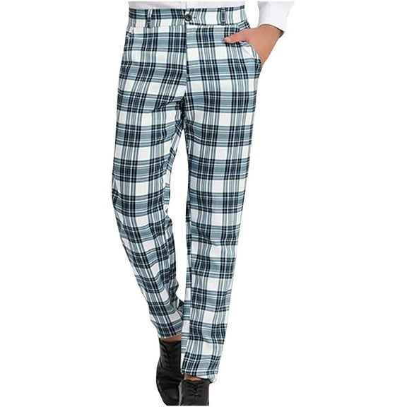 JIA JIA SHUANG Mens Dress Pants with Pockets Regular Fit Plaid Skinny Straight Leg Slacks Business Office Work Suit Pants