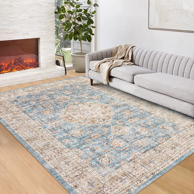 Hasoo Area Rug 5' x 7' Vintage Retro Area Rug for Living Room Bedroom Medallion Distressed Washable Rug Blue