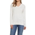 thumbnail image 1 of Suéter V de cuello Inspire Chic para mujer, casual, de manga larga, liviano, pulóver suave de punto, XS, beige, 1 of 6