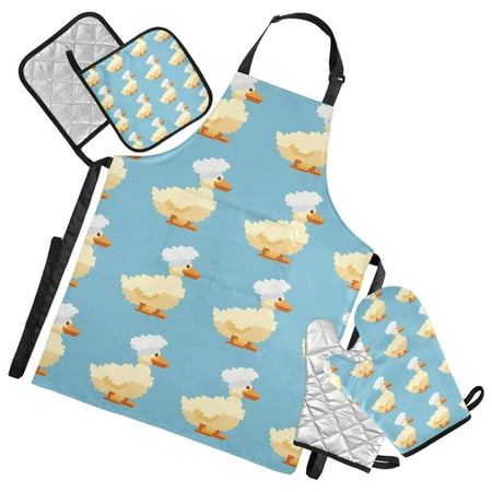 Cute Ducks Chef Hat Pixel Style Apron Set with Oven Mitts Pot Holders Set of 5 Kitchen Stuff Accessories