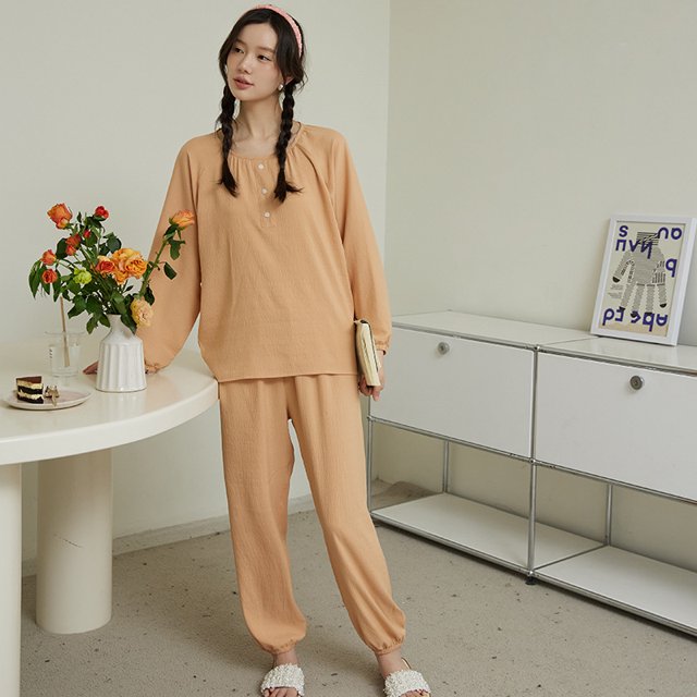 Ropa para el hogar Traje de primavera para mujer de color sólido Pijama informal de cuello redondo y manga larga Jersey de color caramelo Pantalones casuales para mujer