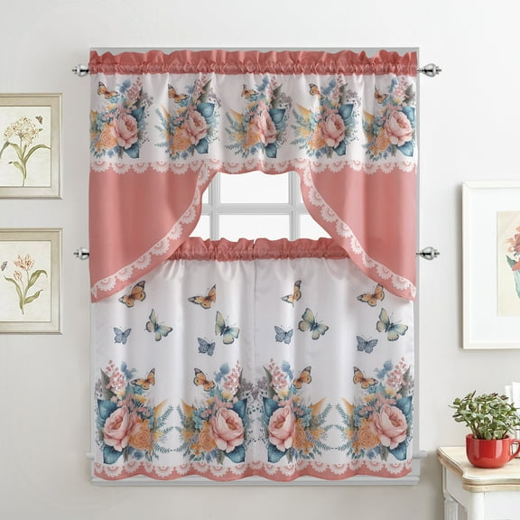 Pink Flower Printed Rod Pocket Light Filtering Kitchen Sets Curtains, 58 x 36 in