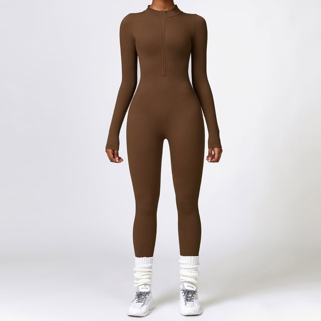 Mono de yoga de manga larga ajustado de invierno con cremallera y contracción abdominal, ropa deportiva de entrenamiento de alta resistencia para mujer