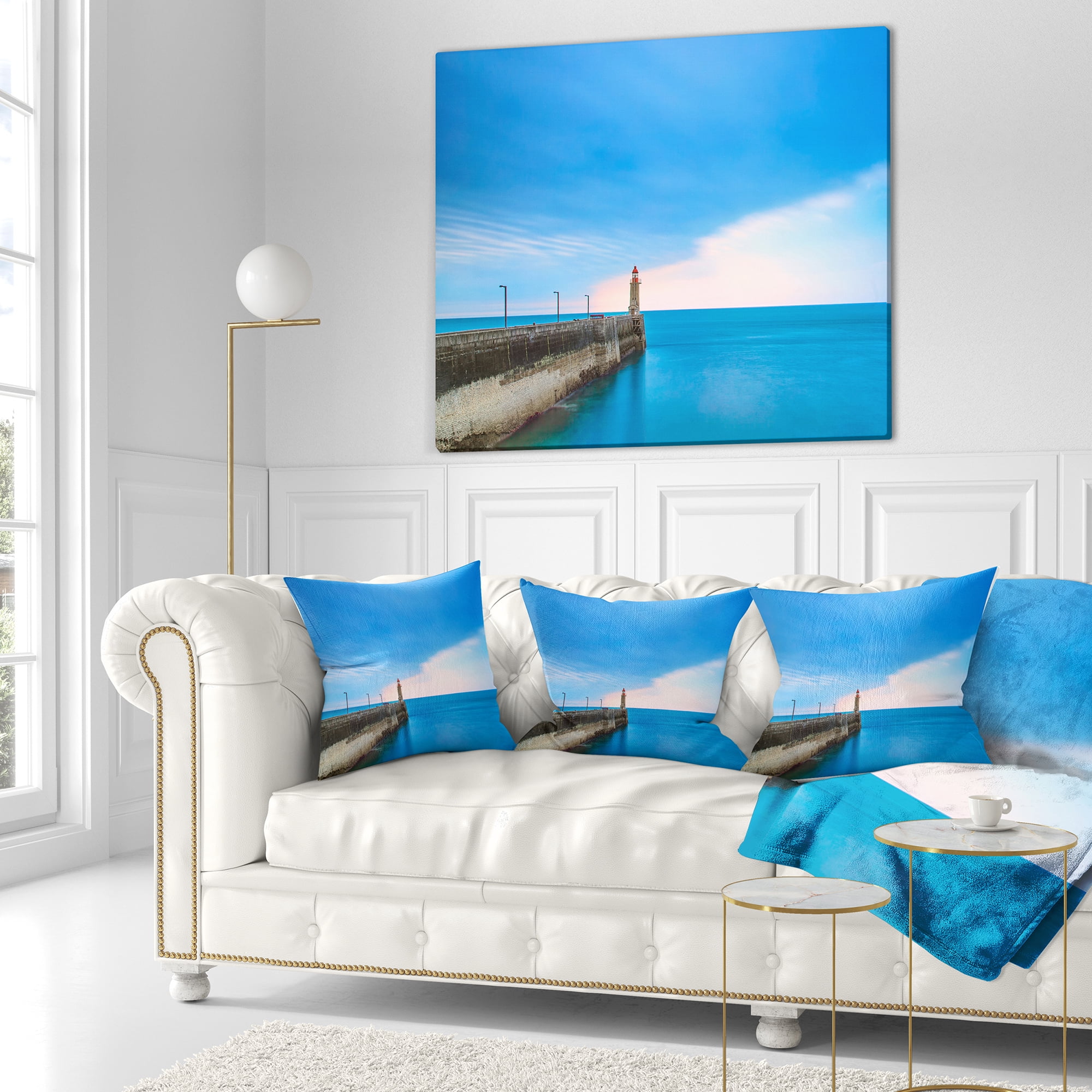 Designart Pier and Lightour in Sunset - Seascape Throw Pillow - 16x16
