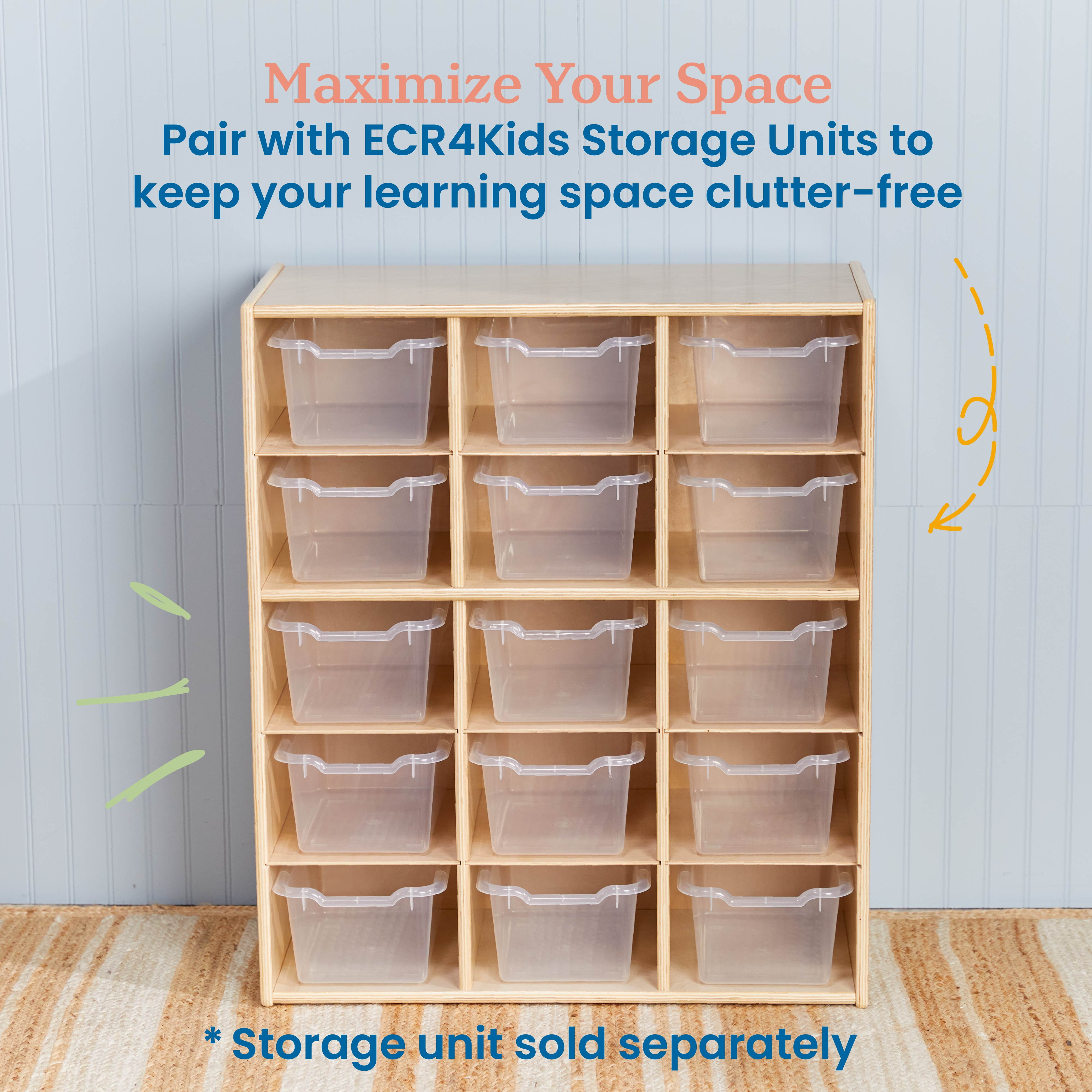 ECR4Kids Scoop Front Plastic Storage Bins, Multipurpose Organization, Clear, 15-Piece