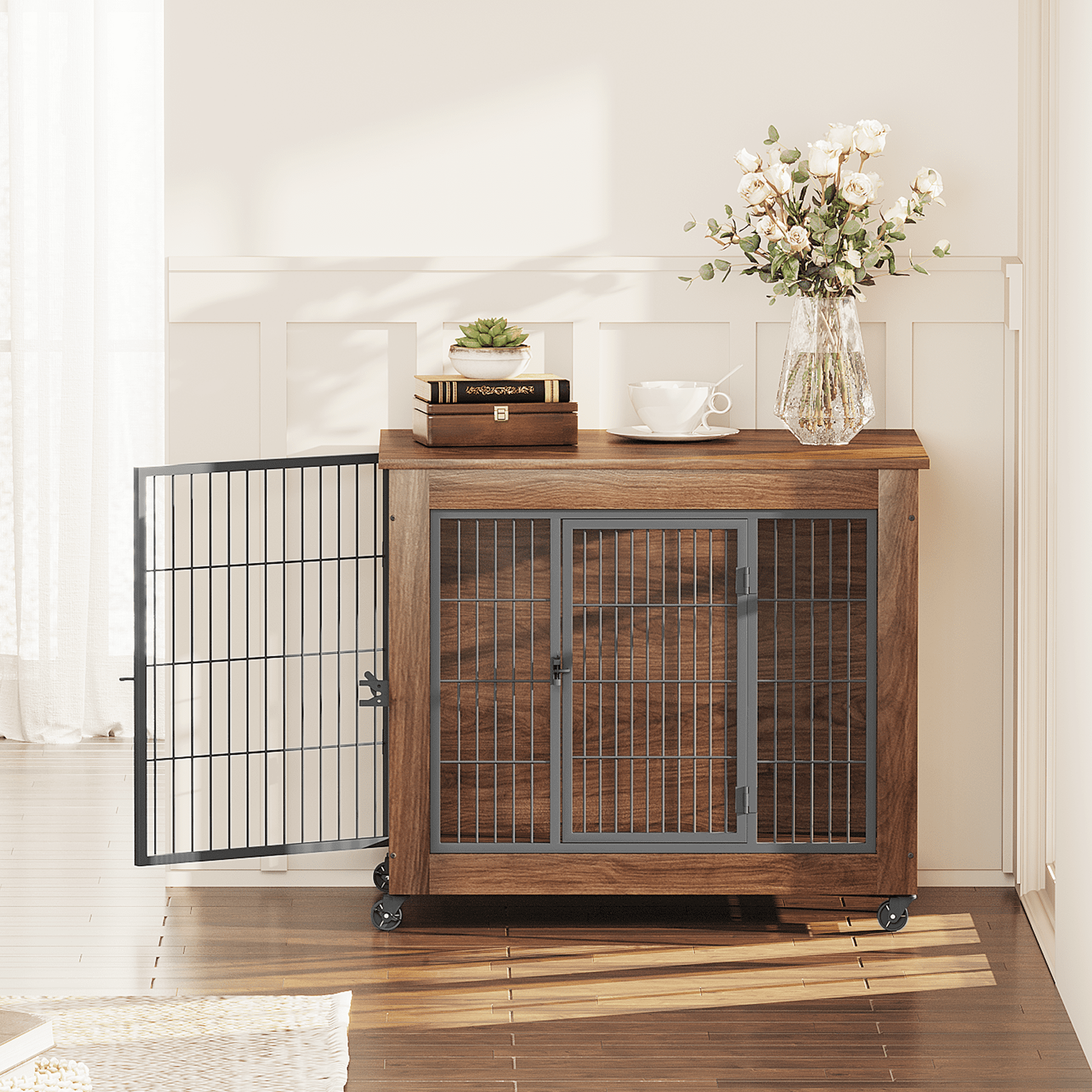 32.5" Dog Crate Furniture with Wheels for Small Dogs, Heavy Duty Dog Kennel Indoor with 2 Doors, Wooden Pet Cage End Table, Double-Doors Sturdy Metal Dog Cage for Anxiety Dog