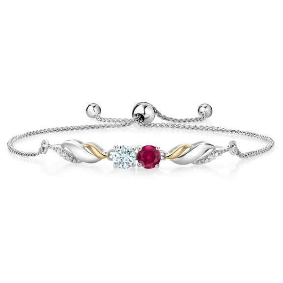 Gem Stone King 1.52 Ct Red Created Ruby Sky Blue Aquamarine 925 Silver and 10K Yellow Gold Lab Grown Diamond Bracelet for Women