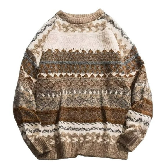 GBSYEWXS Men Pullover Sweaters Trendy Long Sleeve Crew Neck Pullover Retro Print Thermal Khaki Sweater