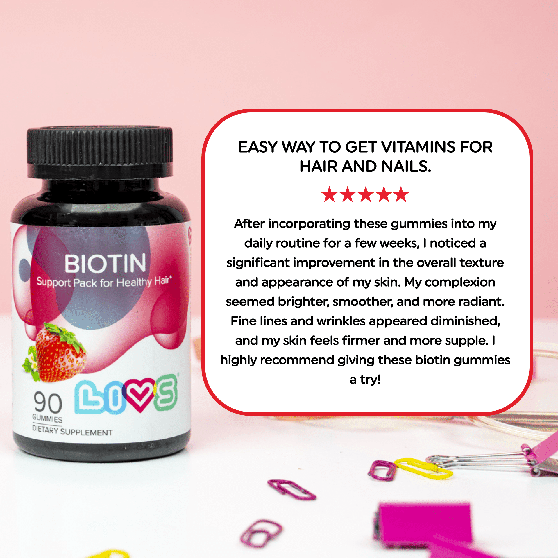 LIVS Biotin Gummies - 10,000 mcg Biotin Supplement - Supports Healthy Hair, Skin & Nails - Strawberry Flavor - Unisex - 180 Count (Pack of 2) with 90 Servings