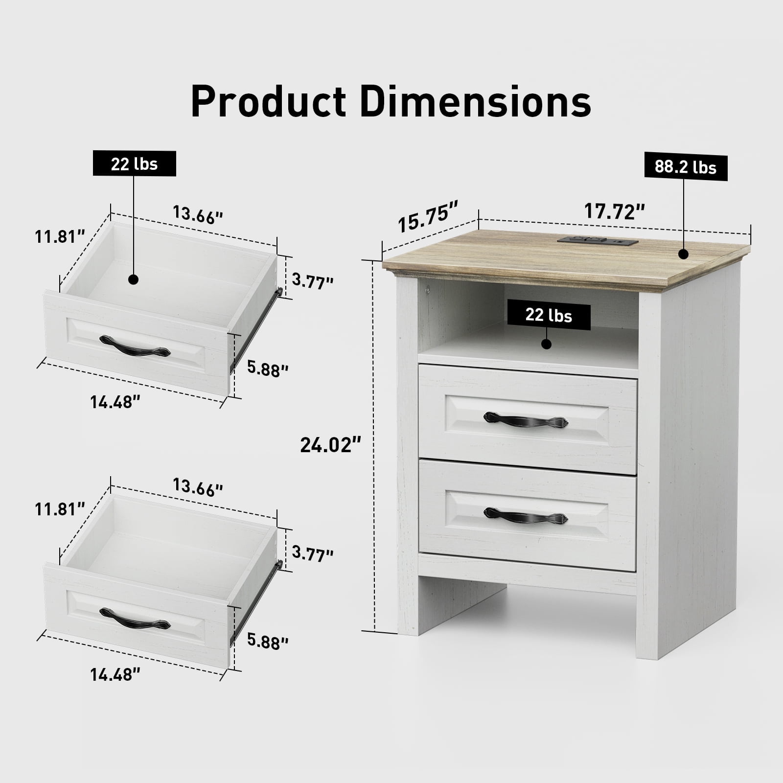 CHITOOMA Nightstand Set of 2 with Charging Station, 2-Drawer Farmhouse Bedside Table with Open Shelf, Small Wood End Table for Bedroom Living Room, White & Brown