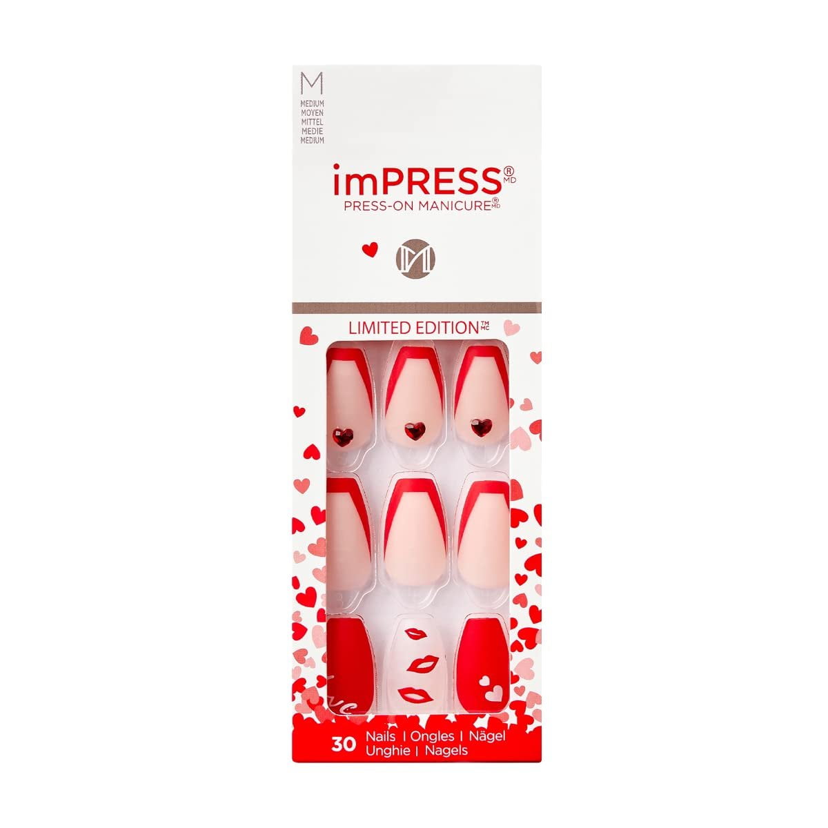 Kiss Impress Favorite One Press on Nails Valentine's Day, Chrome,Red, 30 Count Pack of 1