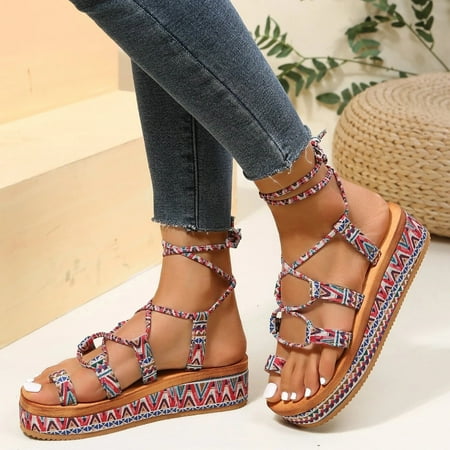 

Ykohkofe Color Block Tie Leg Design Wedge Sandals For Women Ladies Open Toe Platform Sandals Causal Shoes