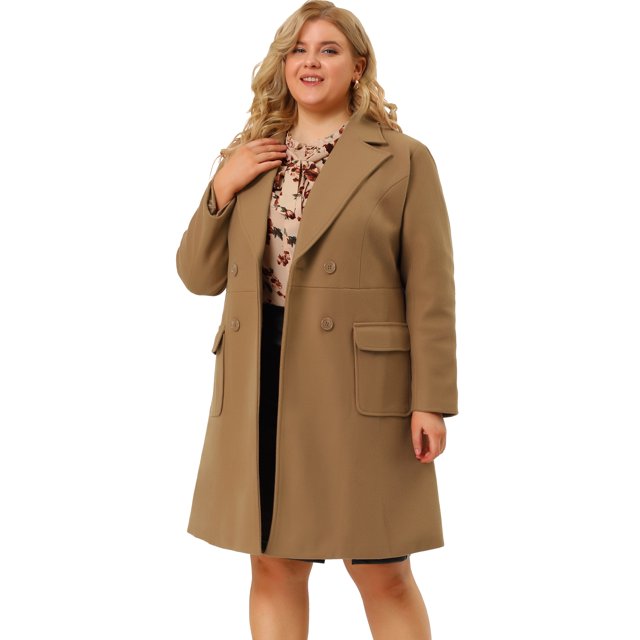 Women's Plus Size Notched Lapel Double Breasted Winter Long Coat Camel 1X