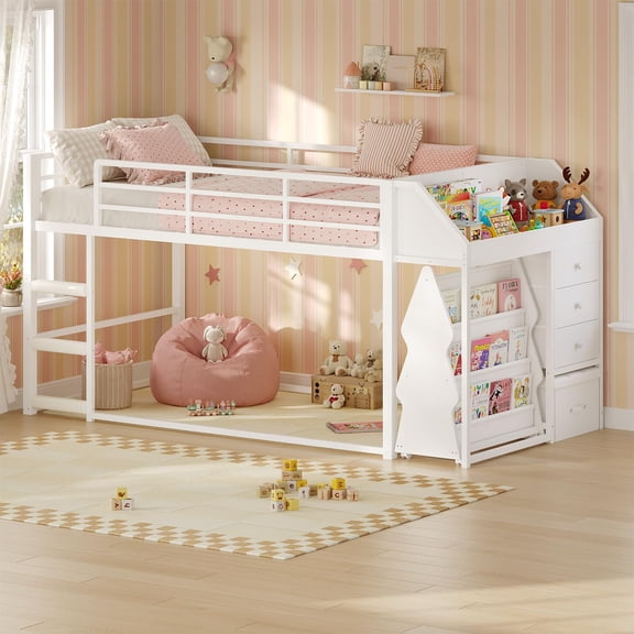 Low Bunk Bed Twin Over Twin with Pull-Out Rolling Bookshelf, 3 Drawers, Storage Stool, Metal Floor Bunk Bed with RGB Lights, Safety Guardrail & Ladder, White