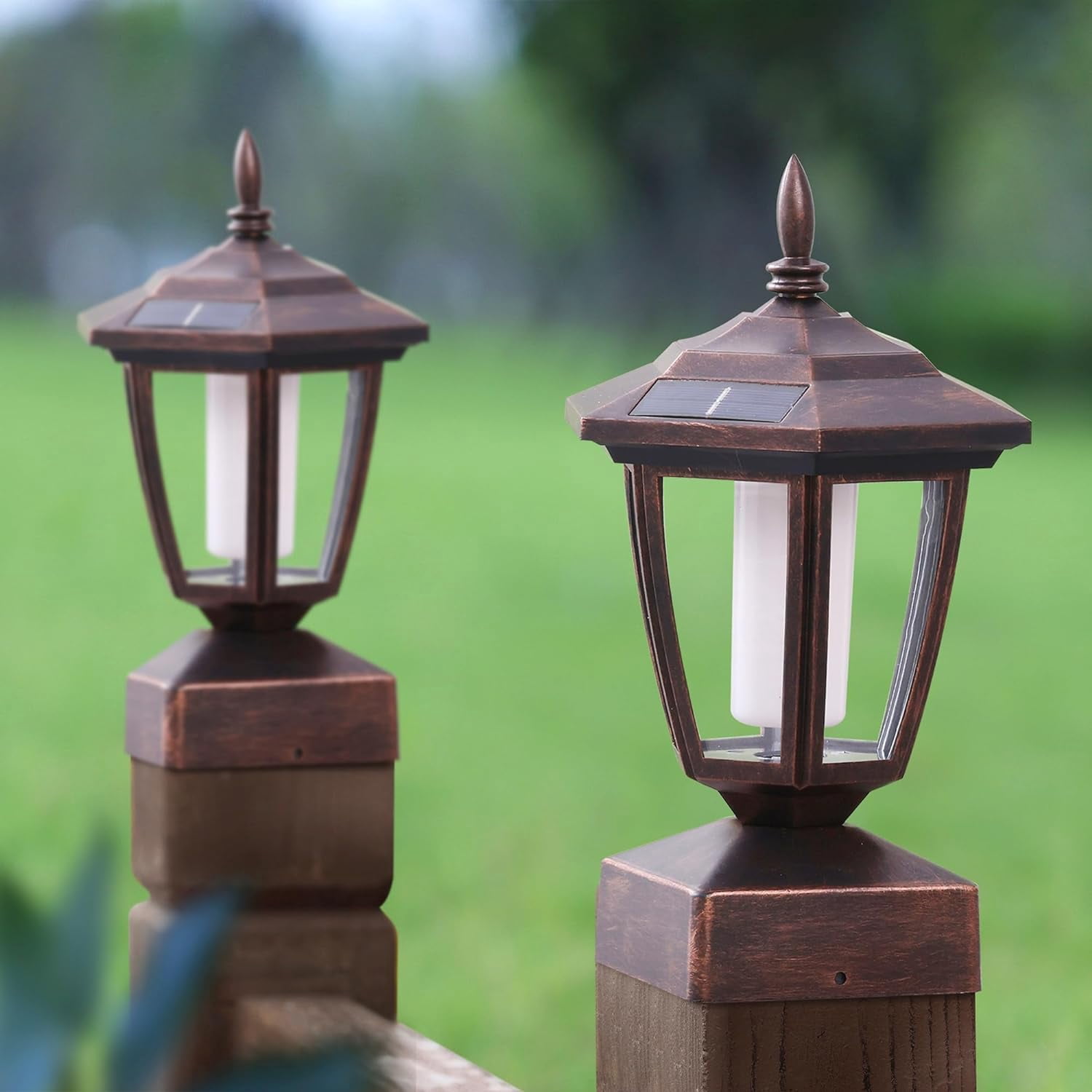4 Pack  Flame Post Lights Outdoor,  Powered Lamps Fence Post Cap Lights, Flickering Flame LED  Waterproof for Garden Deck