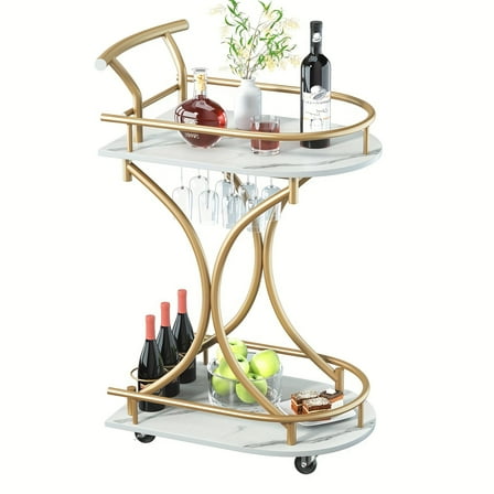 Industrial Kitchen Cart with Wheels - 2-Tier Mobile Drink Trolley Featuring Circle Rack, Glass Holder & Curved Anti-Collision Frame"