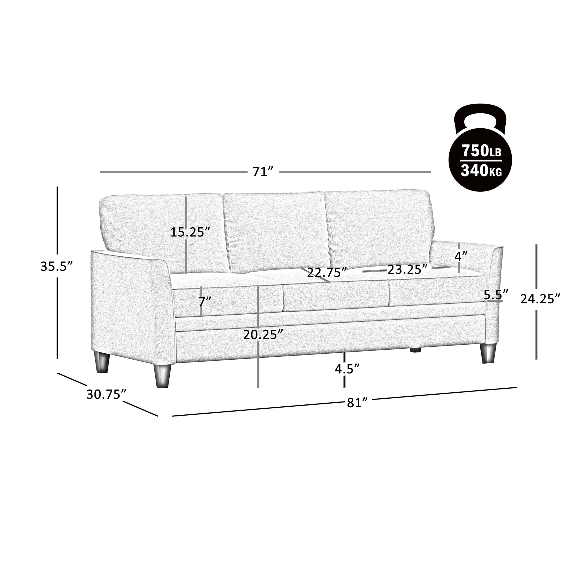 Mainstays Auden 81" 3 Seat Classic Modern Sofa, Gray