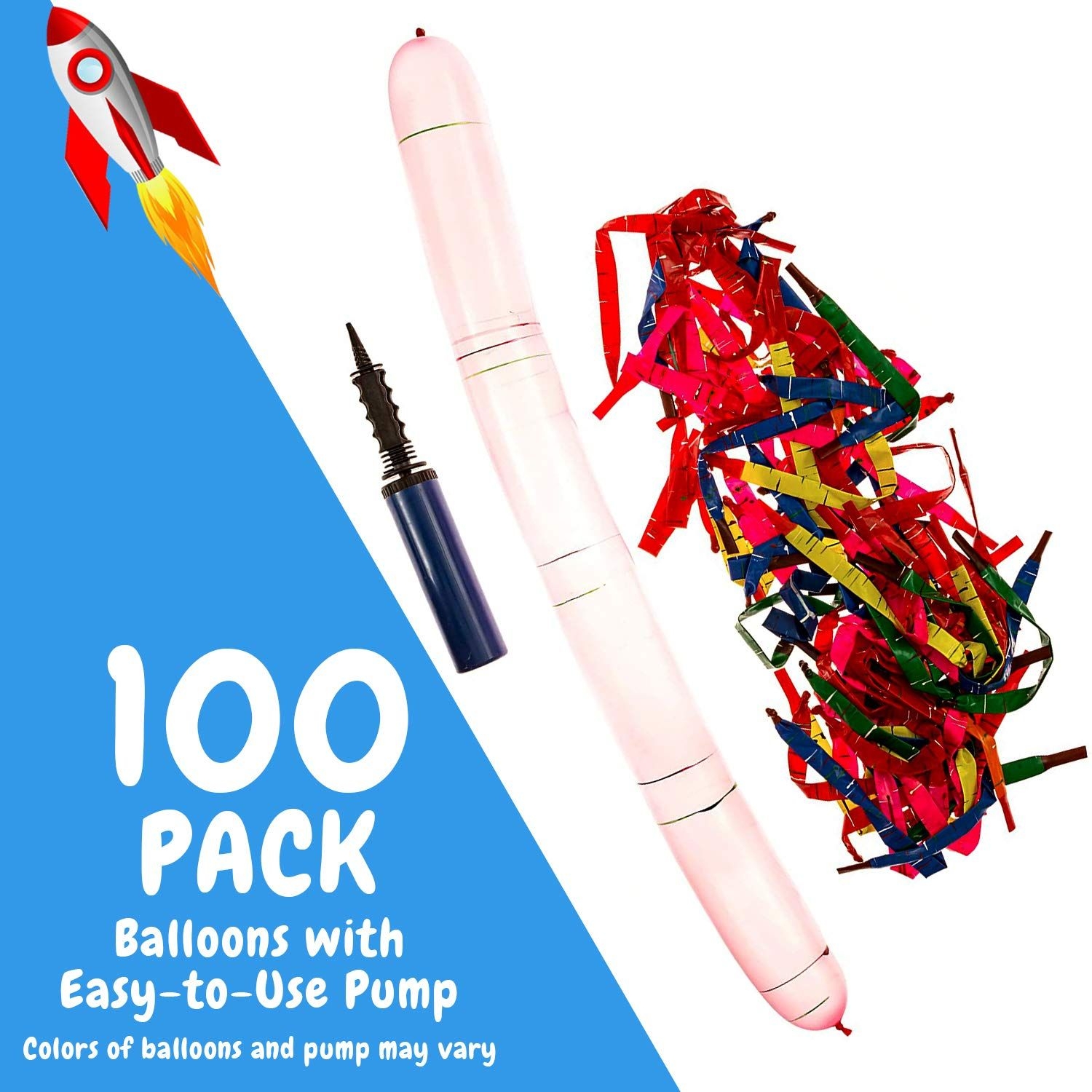 Impresa - 100-Pack of Reusable Rocket Balloons with Pump - High Quality Latex - Assorted Colors - Perfect for Parties