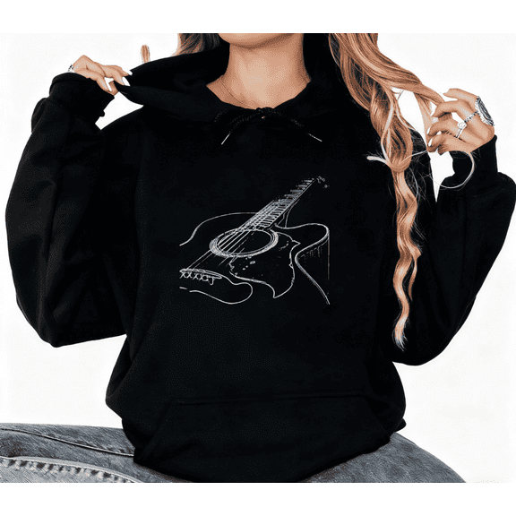 Black Minimalist Guitar Graphic Sweatshirt Print hoodie Black S-2XL Cotton Casual Music Daily Tops