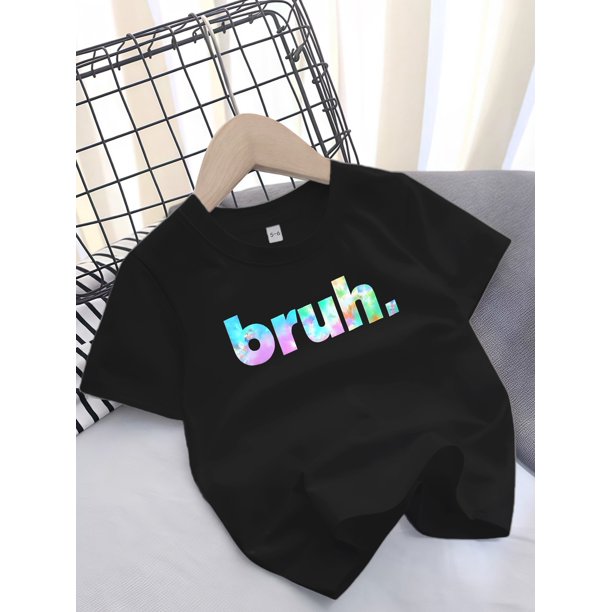 Camiseta informal de manga corta para niña con estampado "Bruh", cuello redondo de algodón, tejido elástico, calentita y de verano (100 % algodón). Talla para niños de 12 años o menos.