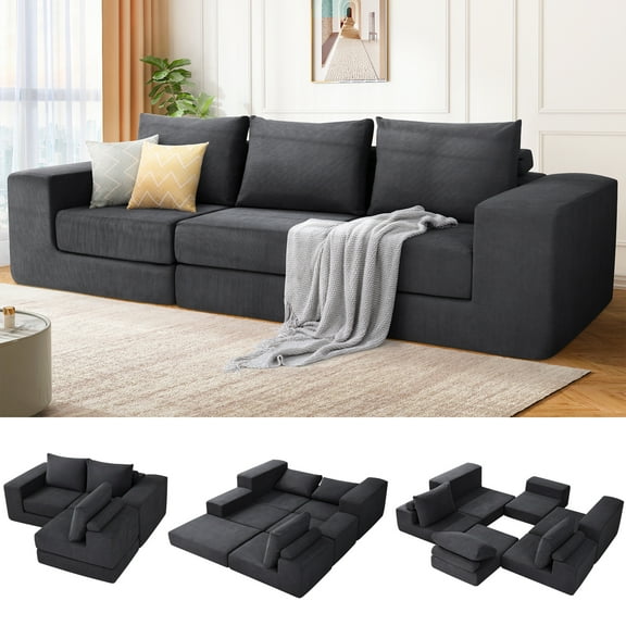 SEJOV Modular Sectional Cloud Sofa,110" 3-Seat Boneless Couch Convertible Sofa Bed w/Deep Seat & Non Slip Base, Modern Cozy Sectional Couches with L-Shape Chaise for Living Room, No Assembly, Bla