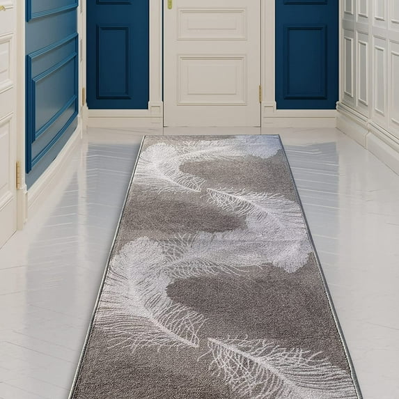 Runner Rug for Hallway Feather Gray Color 26 Inch or 31 Inch Wide by Your Length Choice Slip Resistant Rubber Backing Stain Resistant Pile Stair Runner
