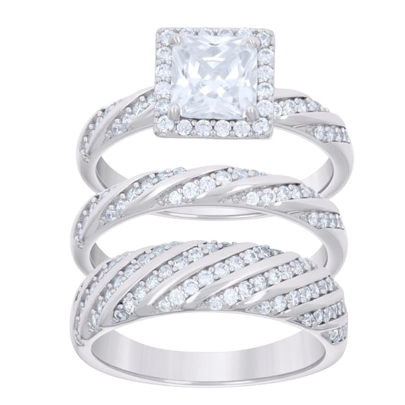 Sterling Silver Princess-Cut Round Cubic-Zirconia Trio Bridal Anniversary Wedding Engagement Band Ring Set Size 6