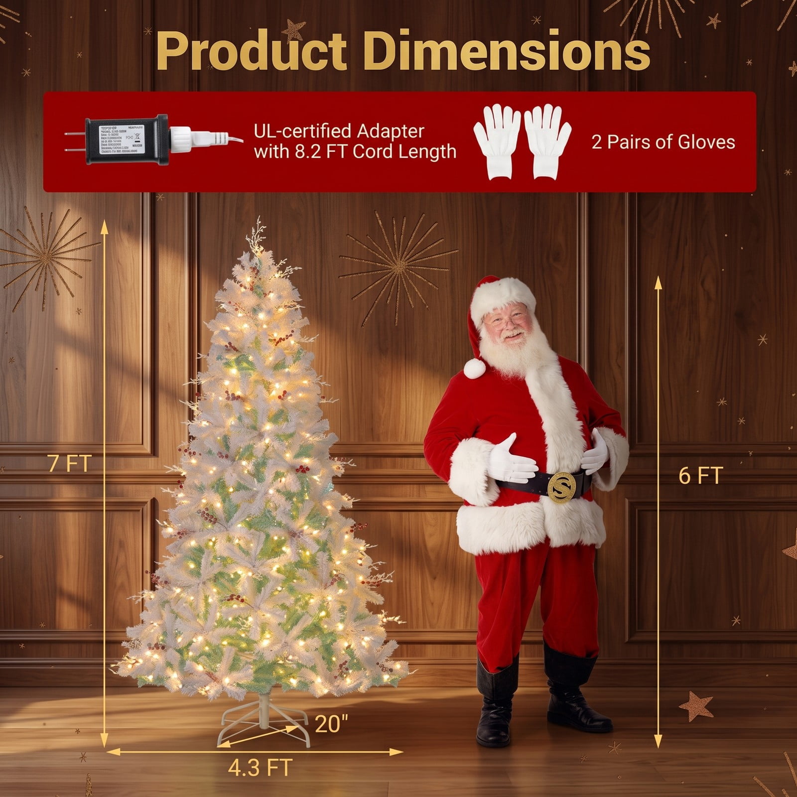RUIE 7 FT Pre-Lit Artificial Christmas Tree with 350 Warm White LED Lights, Snow Flocked Branch Tips, Frosted Red Berries and Foldable Metal Base, White & Lake Blue