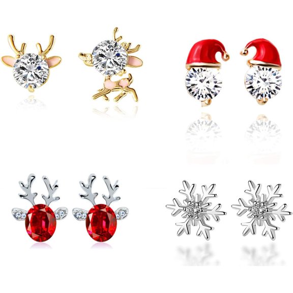 4 Pairs Christmas Stud Earrings Set Snowflake Reindeer Antlers Deer Crystal Gemstone Santa Claus for Women Xmas Party Holiday Jewelry gift