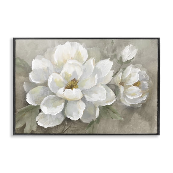 Stupell Industries Blooming Magnolias on Beige Floral Painting Black Framed Art Print Wall Art, 18 x 12