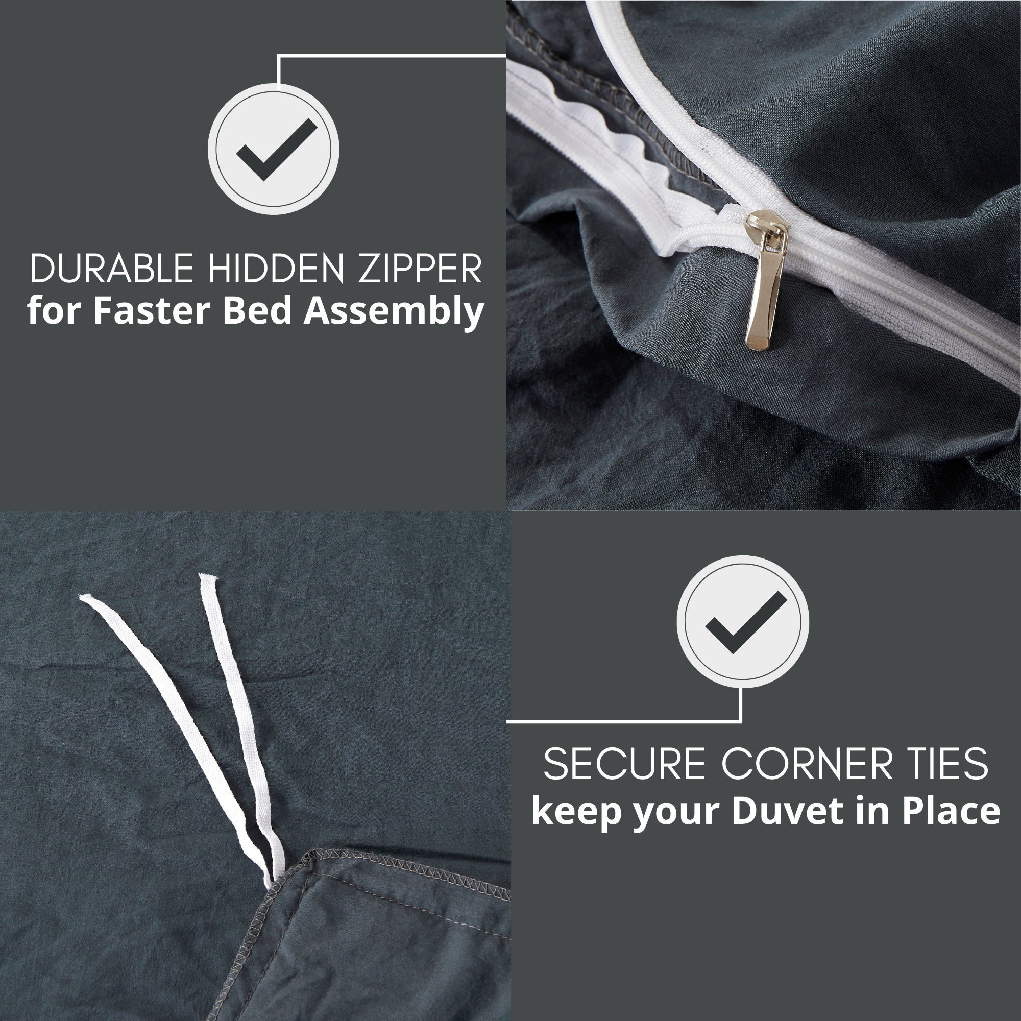 Alazuria Duvet Cover Set Soft Wrinkled Microfiber with zipper and 4 corner ties Charcoal color Queen size ( 90" x 90" )